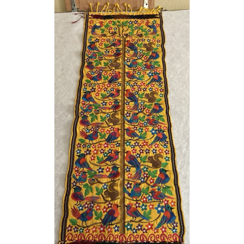 Mexican Hand Embroidered Table Runner Yellow Birds Squirrells 46x17